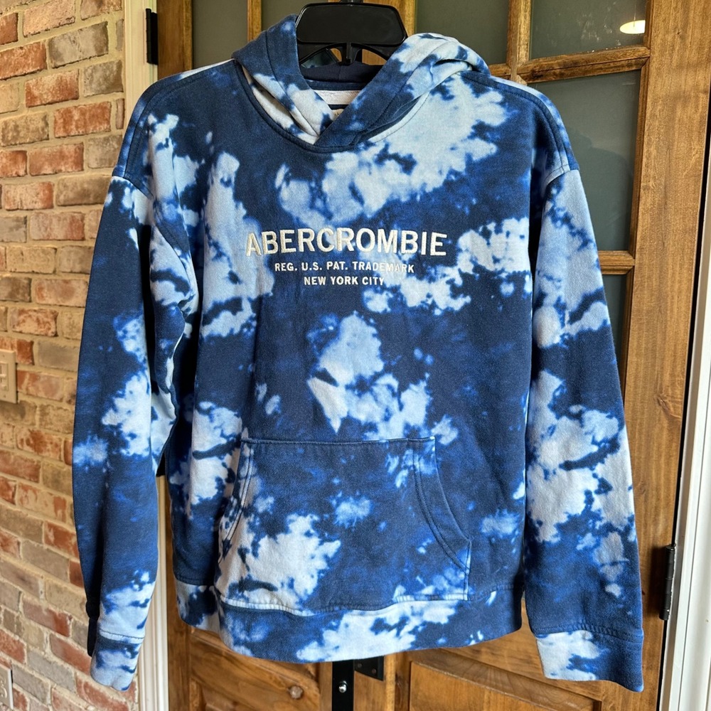Abercrombie Hoodie Kids 13/14 Blue Tie Dye Embroidered Logo Relaxed Fit Pullover
